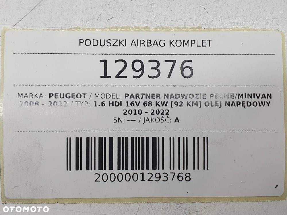 PODUSZKI PASY SENSOR AIRBAG KOMPLET PEUGEOT PARTNER II EUROPA - 11