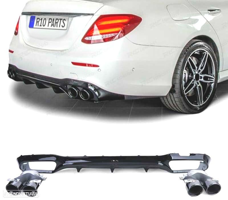 DIFUSOR MERCEDES CLASE E W213 SEDAN 16-19 LOOK AMG E53 PRETO BRILHANTE + PONTEIRAS DE ESCAPE - 1