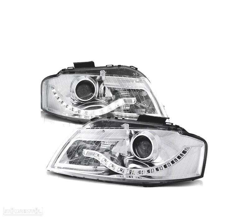 FARÓIS AUDI A3 8P 03-08 LUZ LED DIURNA FUNDO CROMADO - 1
