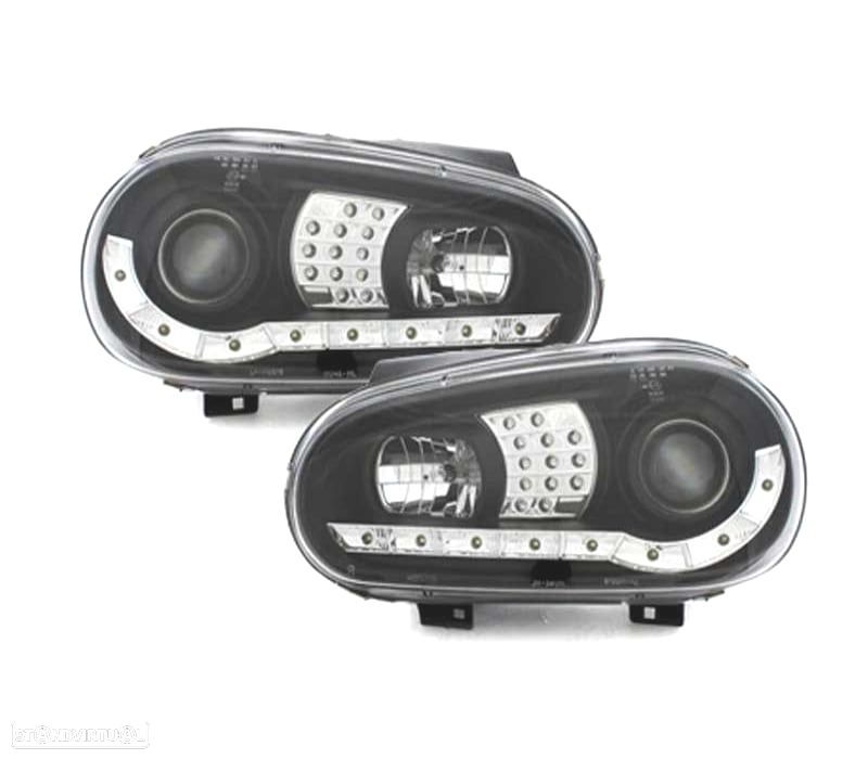 FARÓIS COM LUZ DIURNA LED VOLKSWAGEN VW GOLF 4 FUNDO PRETO + CROMADO - 3