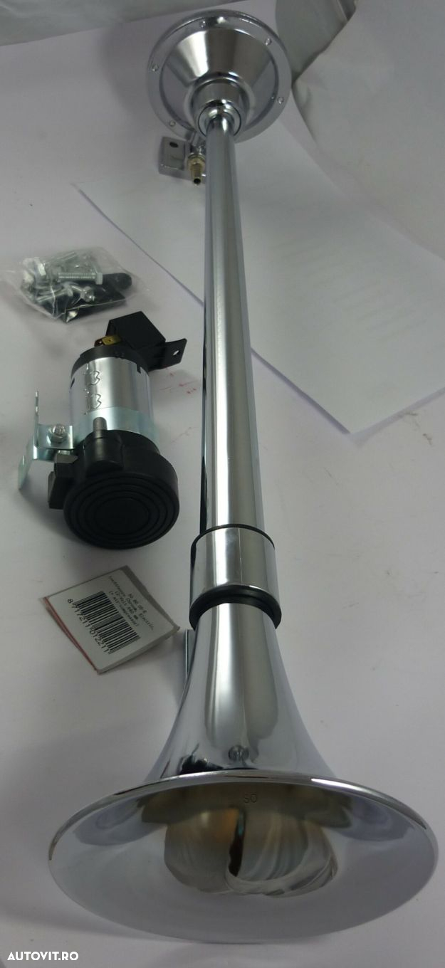 Claxon auto BestAutoVest 640mm, 12V, 4A, 200 Hz, cu compresor aer tip goarna, crom - 2