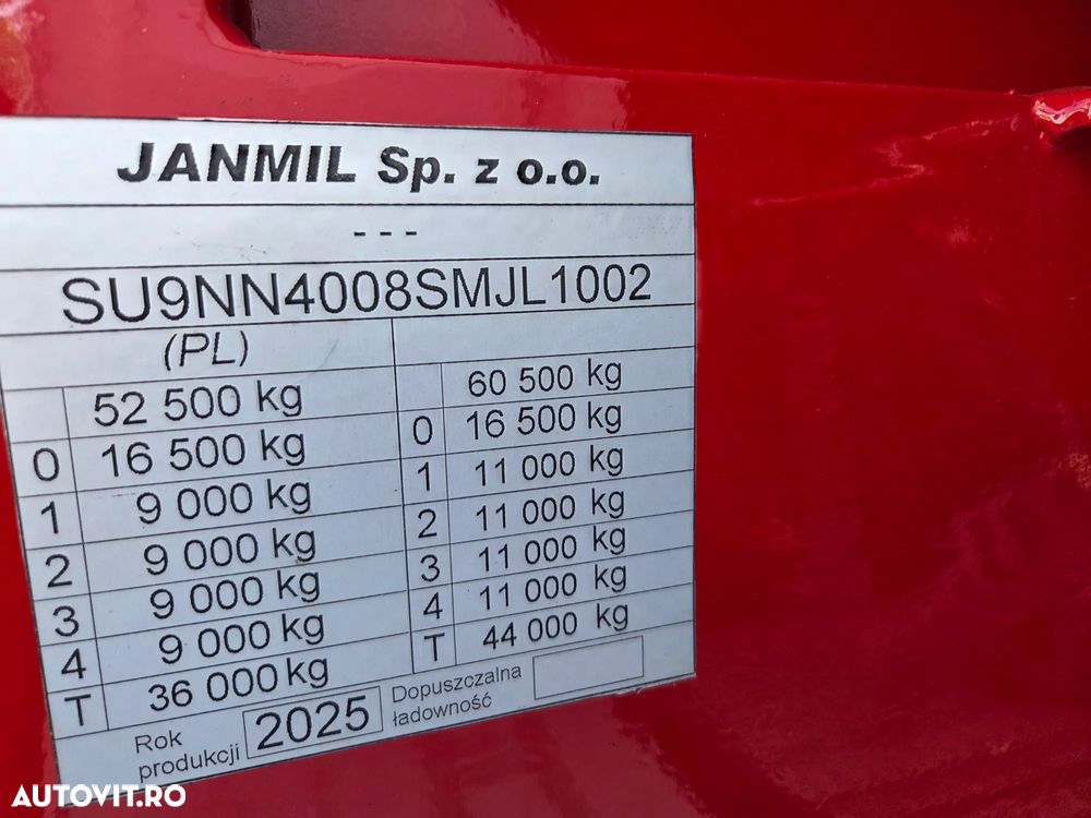 Janmil TRAILER 4 axe, rampe DUBLE, util 55t, axe SAF, Anv Goodyear, 2 roti rezerva, 2 axe viratoare, extensii lemn la 3m latime, obloane gat lebada, produs POLONIA, axa liftabila, garantie 1 an, leasing 5 ani cu rata lunara 6500 lei, PROMOTIE 67900 EUR+Tva - 20