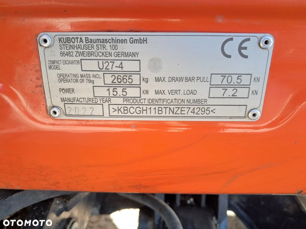 Kubota U27-4 WAGA 2700 kg 2.7t 1300 mth minikoparka * 2022 rok * 2 łyżki * lusterka * pełne oświetlenie jeden właściciel * zero obrys długie ramie szybkozłącze MS03 * hydrauliczna skarpówka * gąsienice 80% bez DPF Red Key * dodatkowe linie hydrauliczne jcb yanmar Cat takeuchi - 29