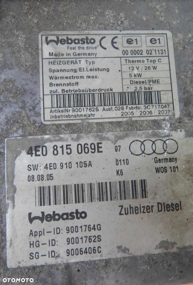 Webasto ogrzewanie postojowe grzałka AUDI Q7 4L a6 A8 D3 Touareg 03-15  Łuków części - 5