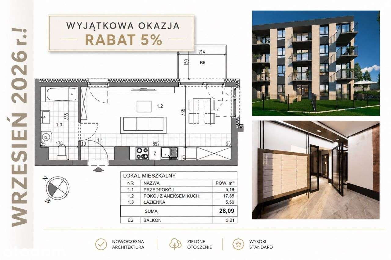 Wrzesień'26! 1pok 28m² balkon3,21m² Park, Rabat 5%