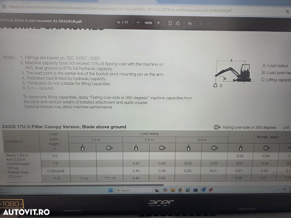 Hitachi ZX19U-6, 2tone, 2024, 539h, rotire in gabarit, Adanc sapare 2,5m, CUPLA RAPIDA+3 CUPE, Senile cauciuc 80% ok extensibile, latime 0,8m, inst picon, LAMA, produs in JAPONIA, sistem antifurt, posibilitate leasing 4ani-CA NOU-PROMOTIE 18.900 EUR+Tva - 40