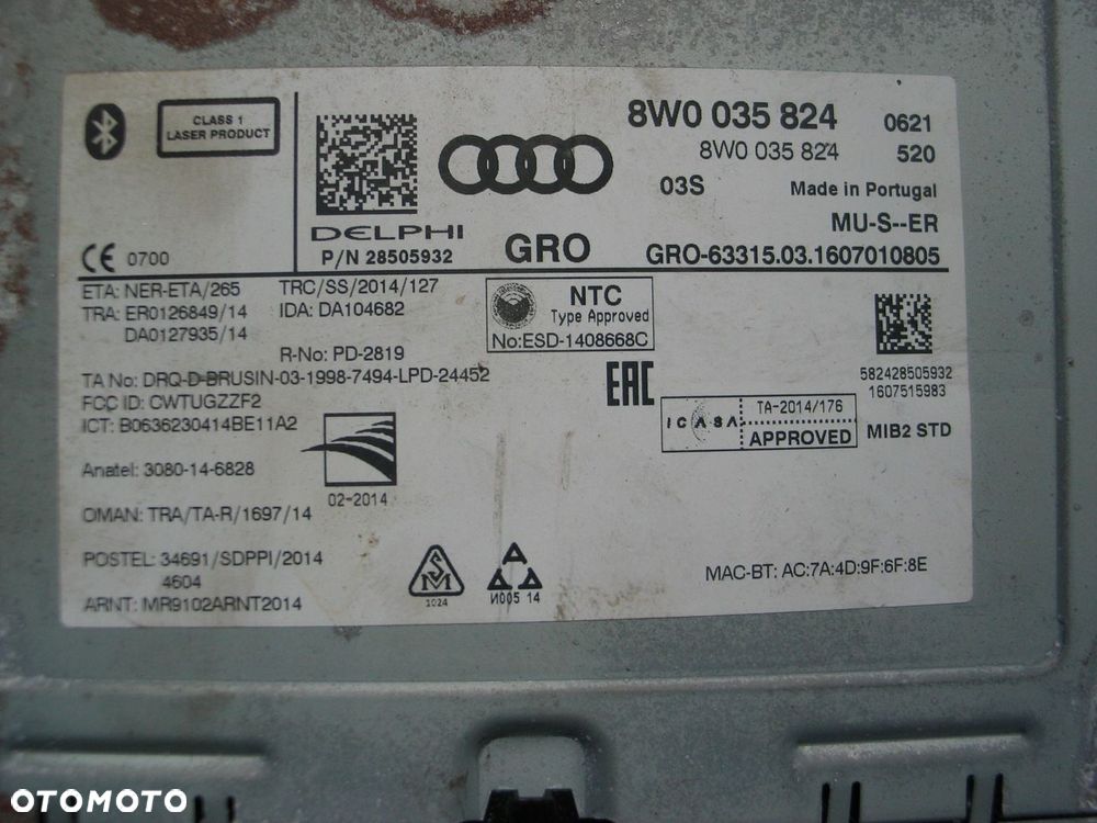 czytnik kart nawigacji MMI audi A4 B9 A4 8W Q5 8W0035824 - 8