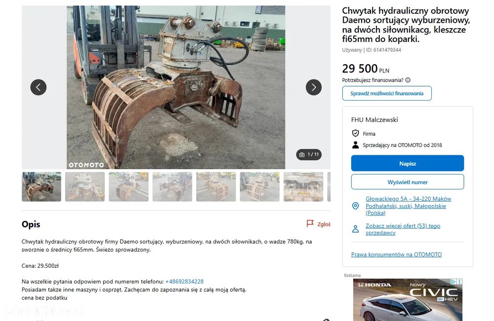Arden S1201 na 2 siłownikach, chwytak hydrauliczny obrotowy sortujący wyburzeniowy kleszcze, waga 1220kg. - 3