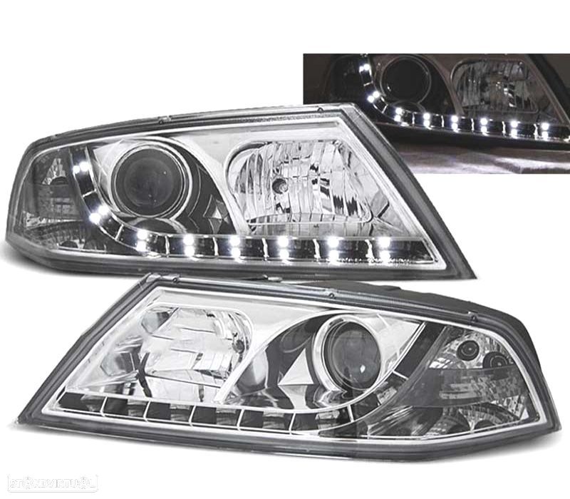 FARÓIS SKODA OCTAVIA 2 04-08 XENON LUZ DIURNA LED CROMADOS - 1