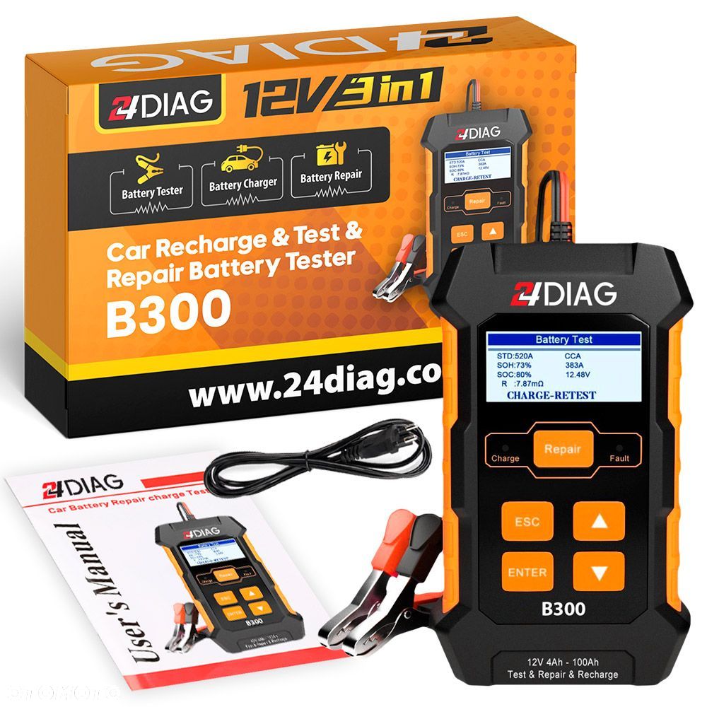 PROSTOWNIK TESTER DO AKUMULATORÓW 24DIAG B300 3w1 12V 5A - 1
