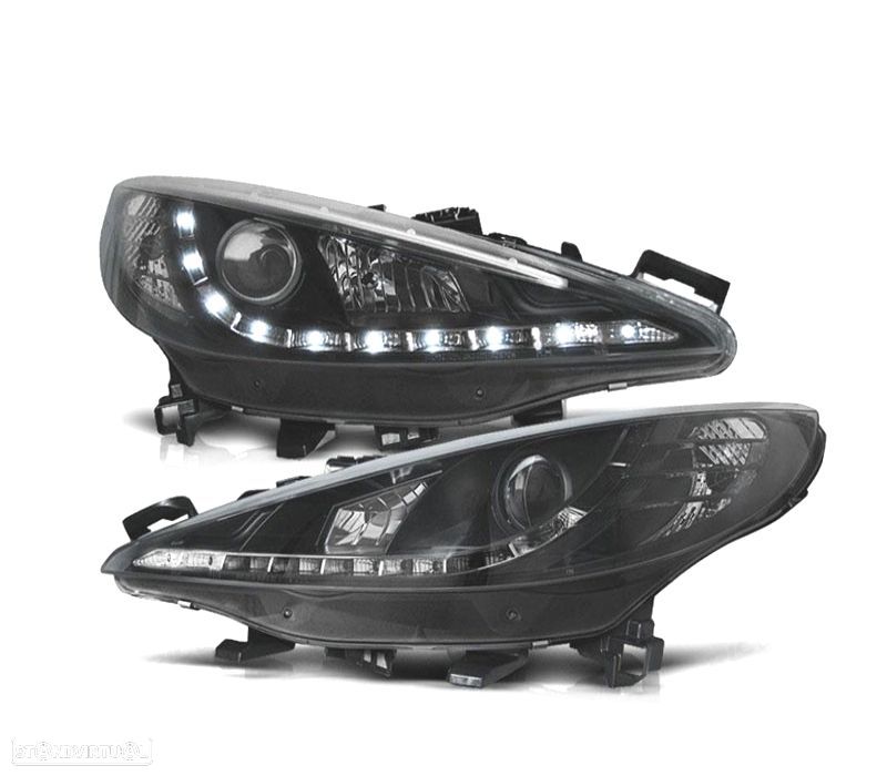 FARÓIS COM LUZ DIURNA LED PEUGEOT 207 06-12 FUNDO PRETO - 1