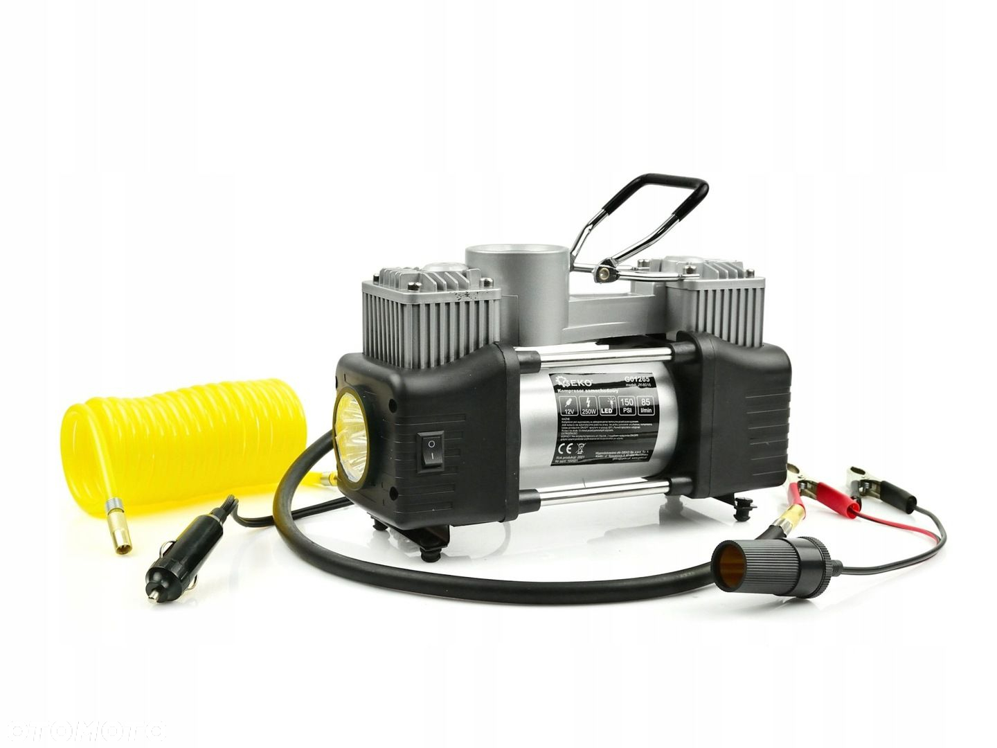 KOMPRESOR SAMOCHODOWY Z MANOMETRTEM 12V POMPKA SPRĘŻARKA 250W  NASADKI LED - 2