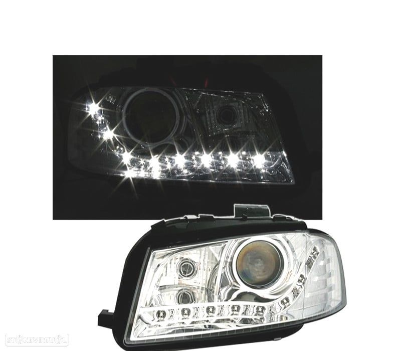 FARÓIS PARA AUDI A3 8P 03-08 FUNDO CROMADO LUZ DIURNA LED - 4