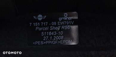 mini cooper r56 06-13r półka bagażnika tył tylna oryg 7151717 - 2
