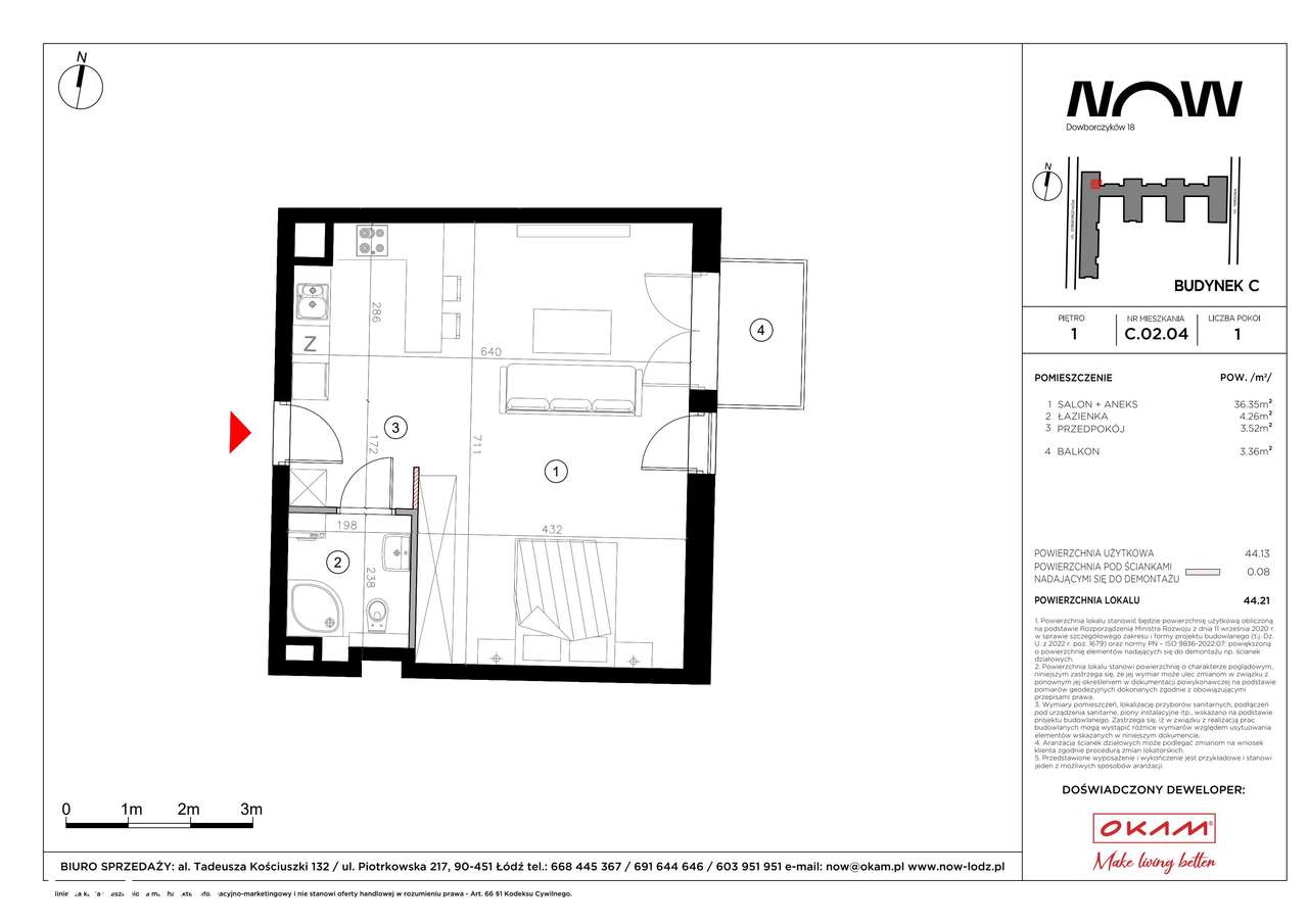 1-pokojowe mieszkanie 44m2 + balkon - Pełny obrazek: 2/8