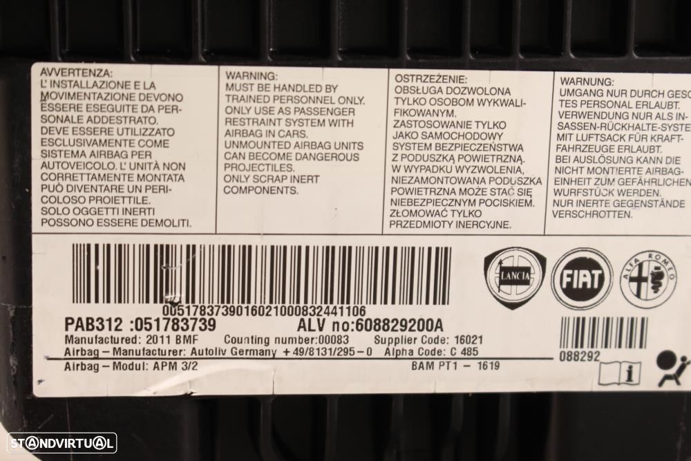 Airbag De Passageiro Fiat 500 (312_)  608829200A / 051783739 - 7