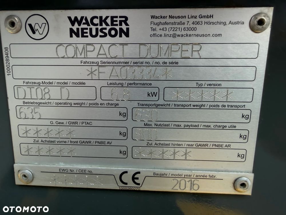 Wacker Neuson DT08 Diesel! Wozidło Samo-załadowcze 1 tona ładowność.  silnik YANMAR Kiprowanie i załadunek  własny HYDRAULICZNY. Wywrotka do specjalistycznych zadań. Bardzo mała wielkościowo a szybka i wydajna! Odpala na Kluczyk. Wywrotka sprowadzona z Norwegii z Urzędu komunalnego. Badzo zadbana maszyna bez luzów i wycieków. OKAZJA TANIO. Podest do jazdy. Perfekcyjny stan! 2017rok.  900 MTG - 6