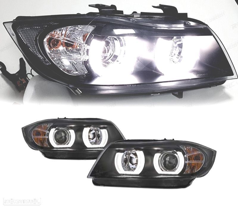 FARÓIS BIXENON PARA BMW E90 E91 05-08 ANGEL EYES U LED 3D FUNDO PRETO - 1
