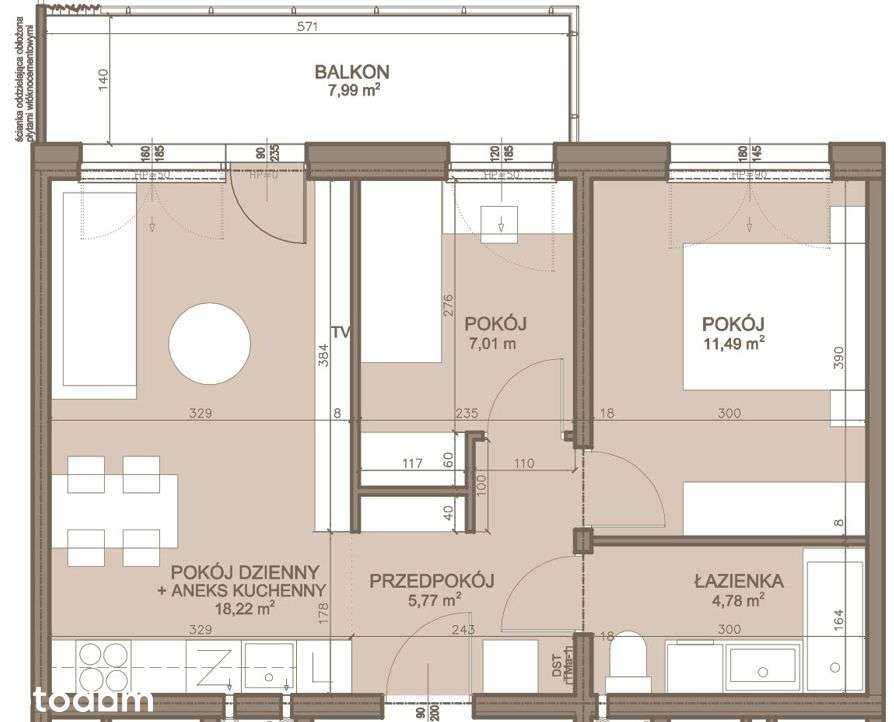 3-pokojowe mieszkanie 47,27 m2 + balkon