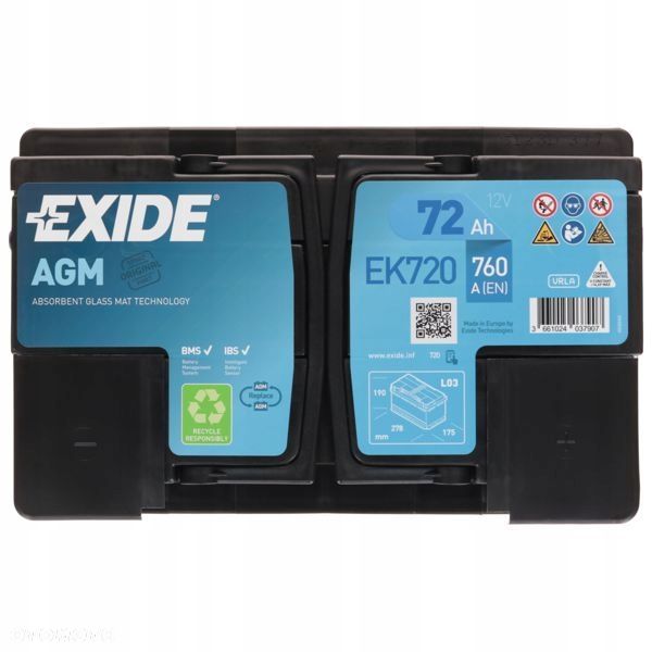 Akumulator Exide EK720 12V 72Ah 760A L3 AGM StartStop - 20,4 kg - 3