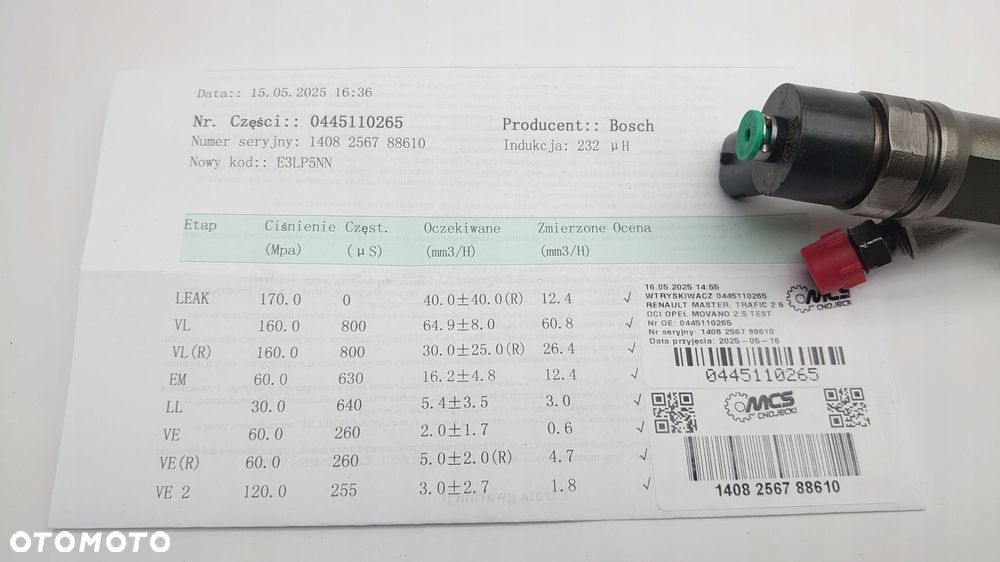 wtryskiwacz 0445110265 renault master, trafic 2.5dci opel movano 2.5 test - 3