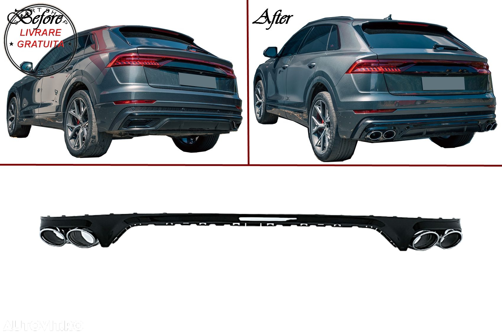 Difuzor Bara Spate Evacuare Dubla Audi Q8 S-Line (2018-2023) Evacuari Crom- livrare gratuita - 11