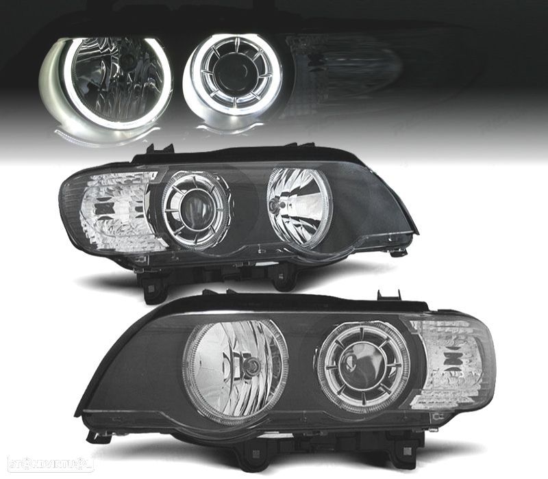 FARÓIS ANGEL EYES LED BMW X5 E53 00-03 FUNDO PRETO - 1