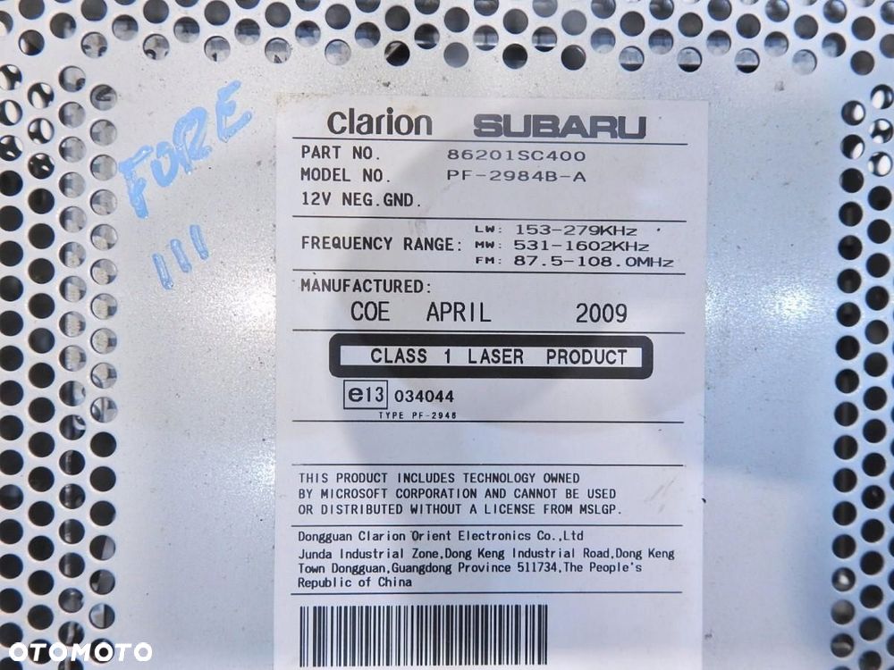 RADIO CD SUBARU FORESTER III 86201SC400 PF-2984B-A - 2