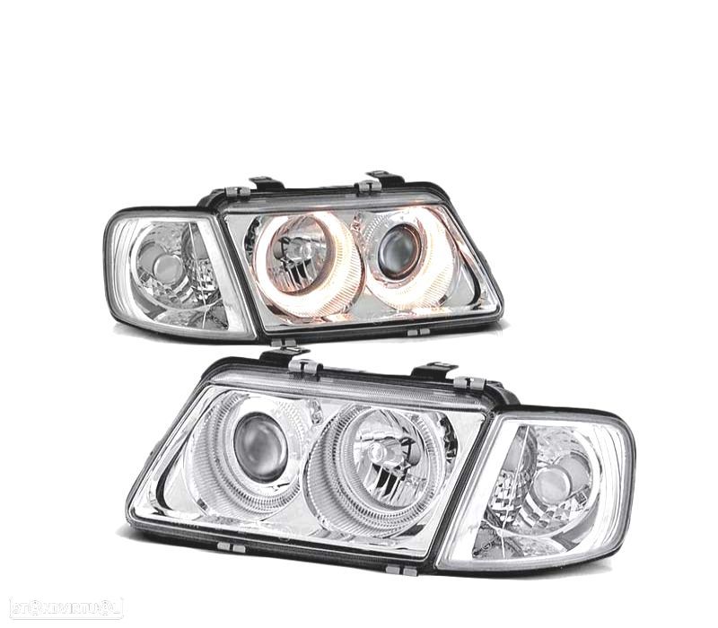 FARÓIS FRONTAIS ANGEL EYES PARA AUDI A3 96-00 CROMADO - 1