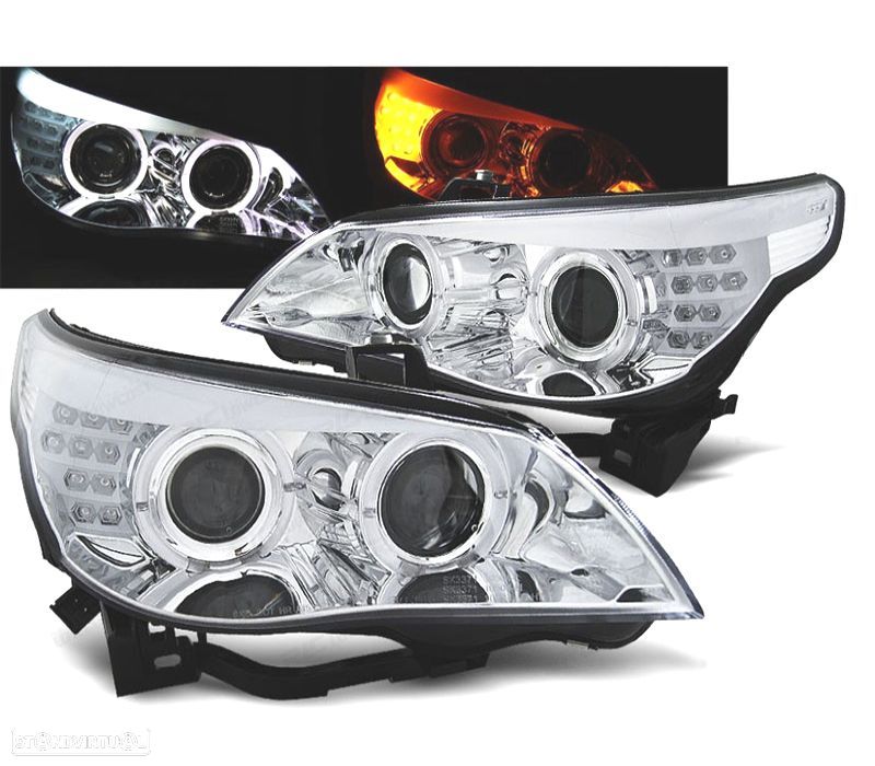 FARÓIS BMW E60 03-07 OLHOS DE ANJO CCFL FUNDO CROMADO - 1