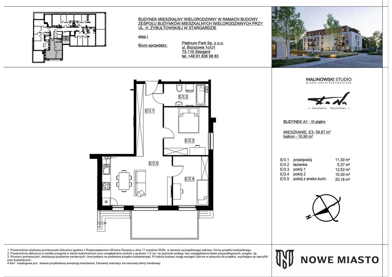 Mieszkanie E.3 w budynku A.1 - 59,67 m² z dużym balkonem 10,90 m²