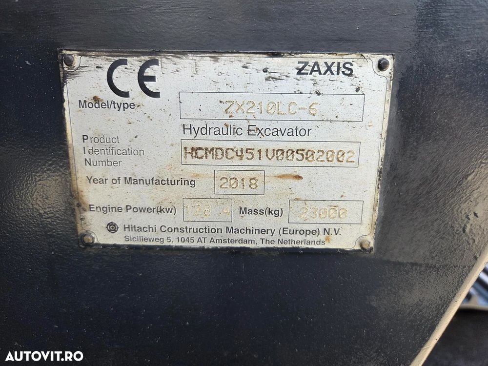 Hitachi ZX210LC-6, 23 tone, cupa NOUA 1,3mc, 2018, 7.784h, CUPLA rapida OIL QUICK, cupa ingusta, inst picon si rotire pe brate, 3 camere, lant 90% ok, consum mediu 9l/h, FULL OPTION, STARE FOARTE BUNA, posibilitate leasing 3 ani-PROMOTIE 83.900 EUR+Tva - 11