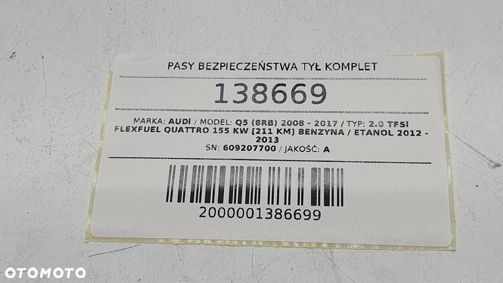 PASY BEZPIECZEŃSTWA TYŁ KOMPLET LEWY PRAWY AUDI Q5 8R 609207700 - 7