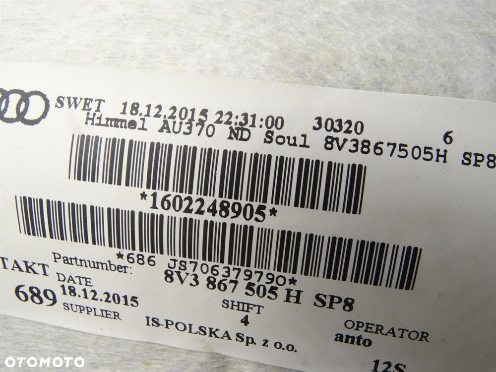Podsufitka czarna daszki osłona słupka rączki daszek 8v3867505h audi a3 8v - 9
