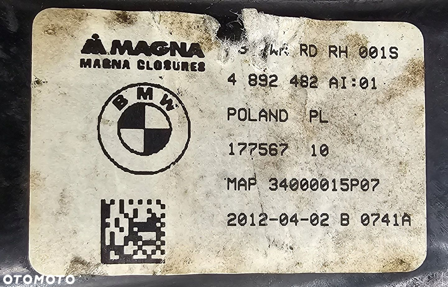 NOWY ORYGINALNY PODNOŚNIK SZYBY PRAWY TYŁ BMW 3 F30 - 4892482 - 2