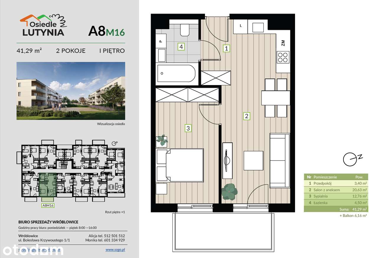 2 pokoje | 41,29 m² | balkon 6,16 m2 | Lutynia