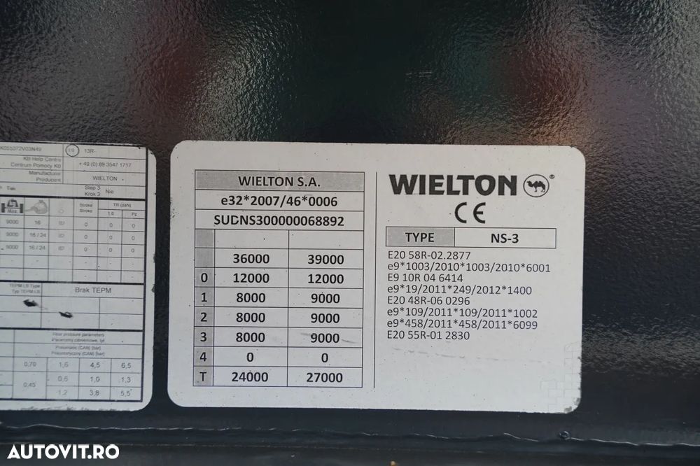 Wielton / SEMIREMORCĂ CU PRELATĂ (CURTAINSIDER) / STANDARD / PLAFON RIDICABIL / AXĂ RIDICABILĂ / SAF / - 24