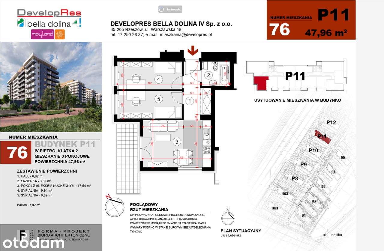 Jasne 47,96 m², 3 pokoje, balkon , 4 piętro - P11-76