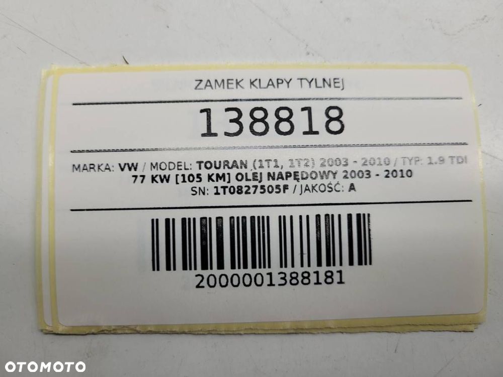 ZAMEK KLAPY TYLNEJ BAGAŻNIKA VW TOURAN I 1T0827505F 2006 EU - 9