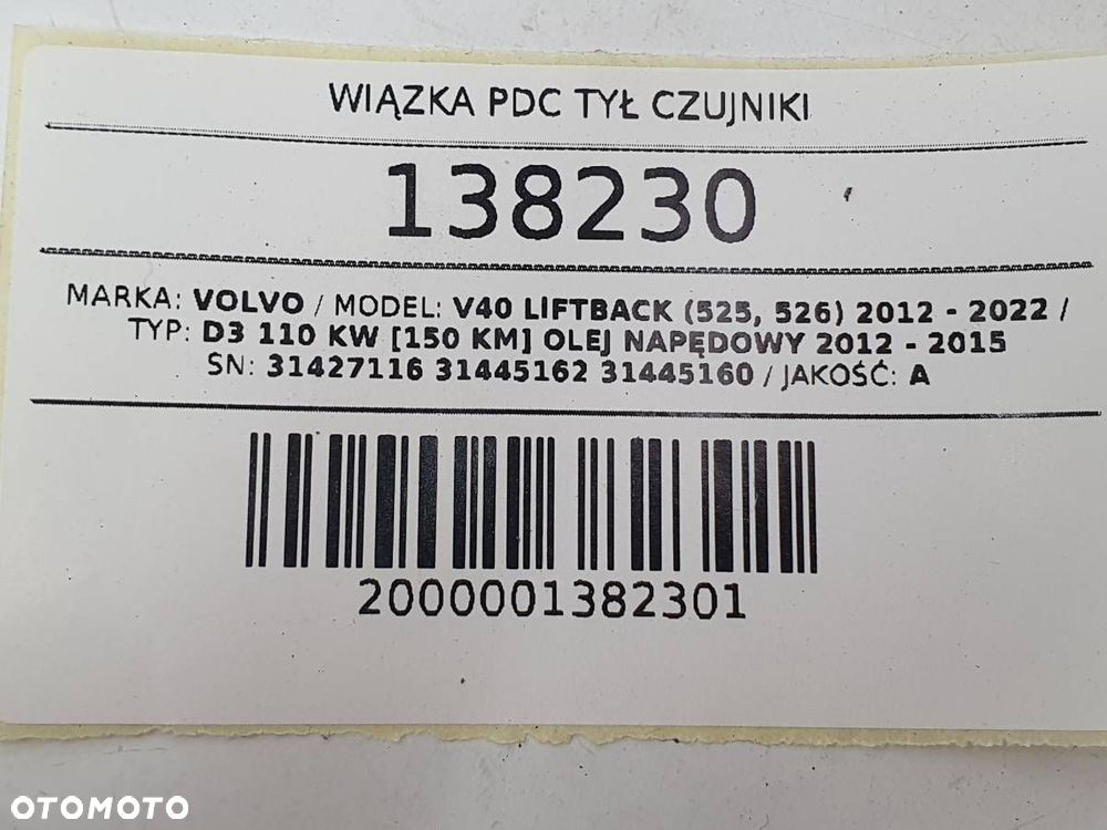 WIĄZKA TYŁ TYLNA ZDERZAKA CZUJNIKI PARKOWANIA PDC VOLVO V40 II 31427116 - 8