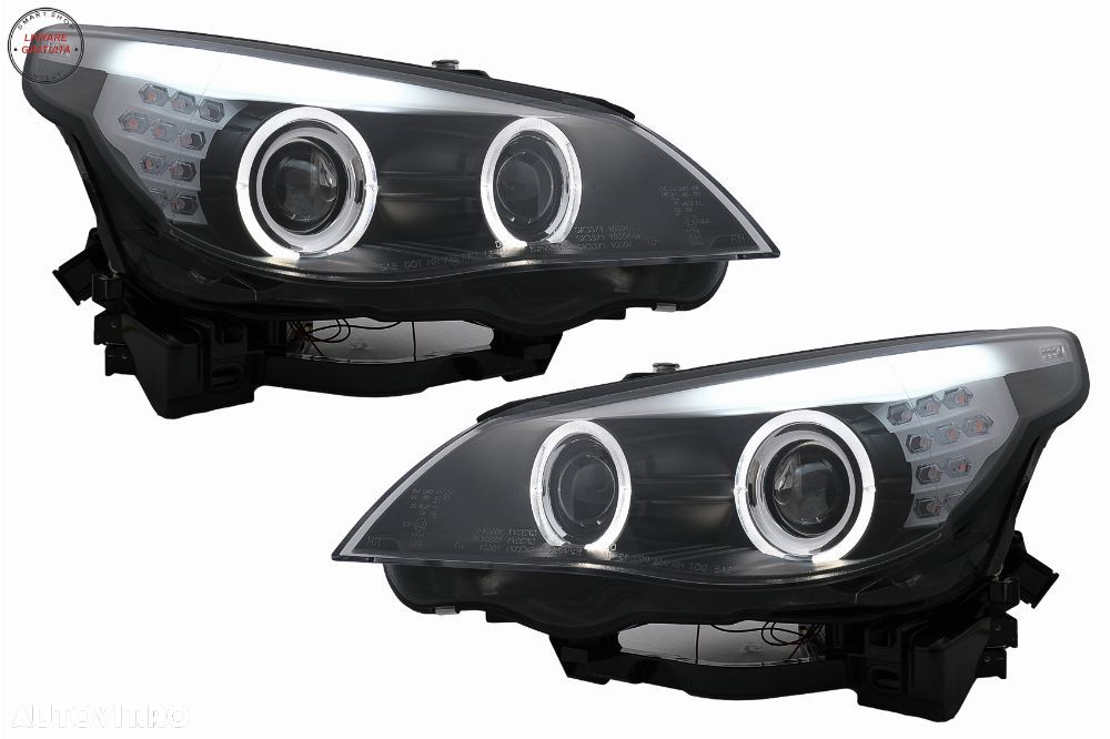 Faruri LED Angel Eyes BMW Seria 5 E60 E61 (2003-2007) LCI Design Negru- livrare gratuita - 1