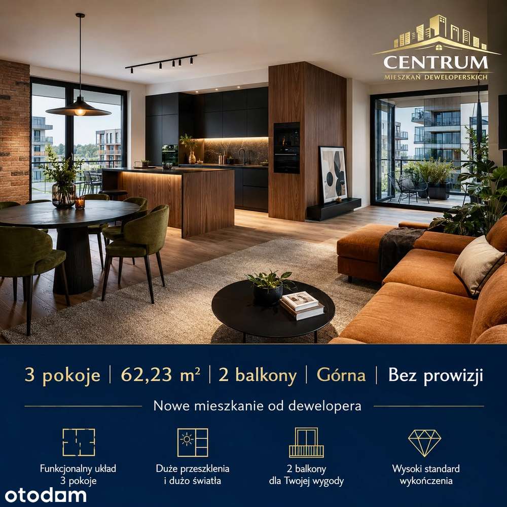 3 pokoje | 62,23 m² | 2 balkony | Górna | Bez prowizji
