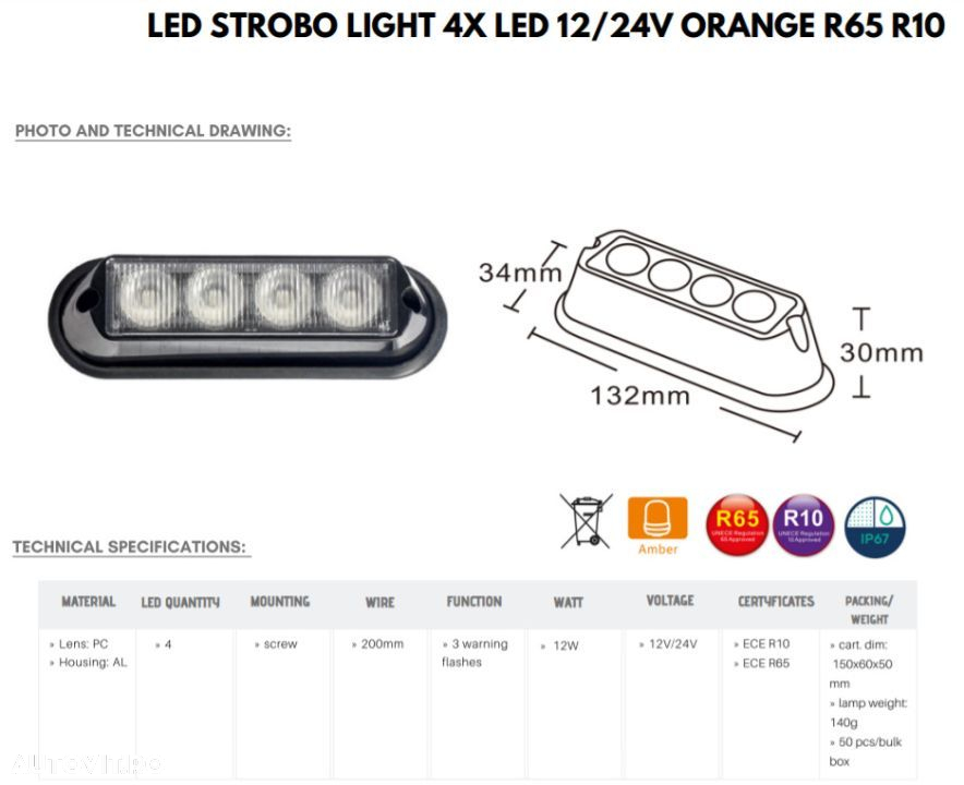 Stroboscop Profi, Lampa Speciala De Avertizare, Carcasa Aluminiu, Galbena, 132 mm - 3