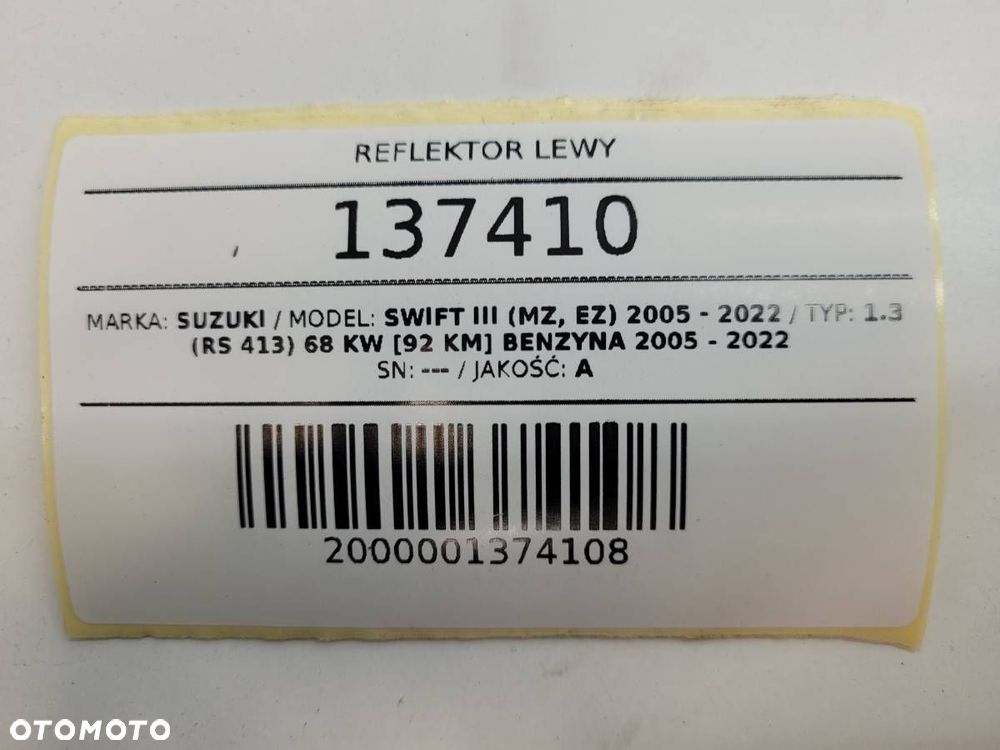 REFLEKTOR LEWY LAMPA LEWA SUZUKI SWIFT III EUROPA 2005 - 10