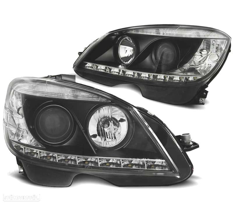 FARÓIS MERCEDES CLASSE C W204 07-11 LUZ DIURNA FUNDO NEGRO - 1