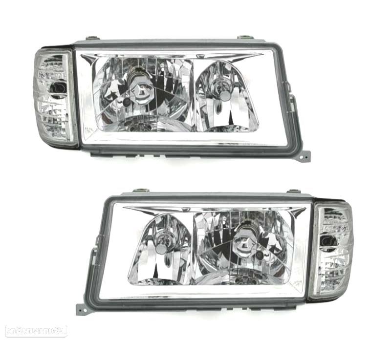 FARÓIS FRONTAIS + PISCAS MERCEDES 190 CLASSE C W201 FUNDO CROMADO - 1
