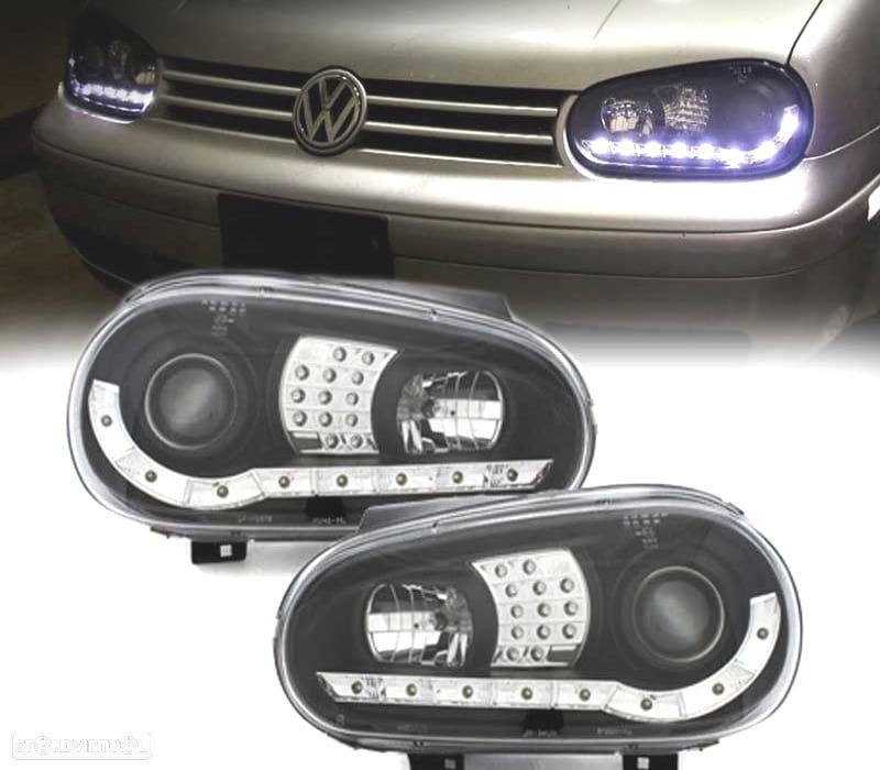FARÓIS COM LUZ DIURNA LED VOLKSWAGEN VW GOLF 4 FUNDO PRETO + CROMADO - 1