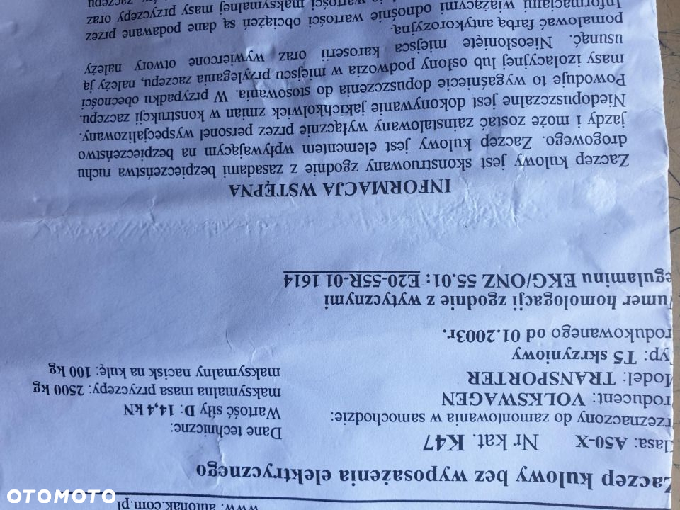 HAK VW Transporter  T5 skrzynia, też  podwójna kabina OD 04.2003 / 06.2015  ROKU Masa hol. g - 2