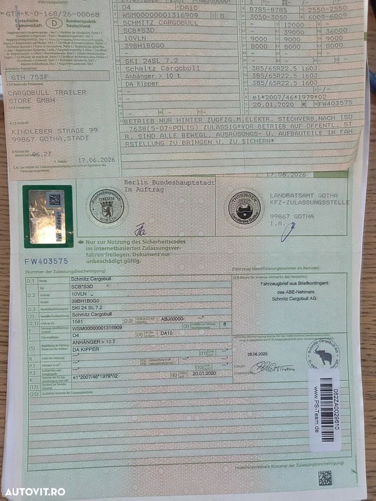 Schmitz Cargobull SCB 28mc, MASA PROPIE 6 TONE, 2020, 28mc, axa liftabila, jante ALUMINIU, protectii laterale si spate, scena vizitare, prelata, frane disc, CARTE IDENTITATE RAR, folosita doar in GERMANIA, PROMOTIE 21.900 EUR+Tva - 28