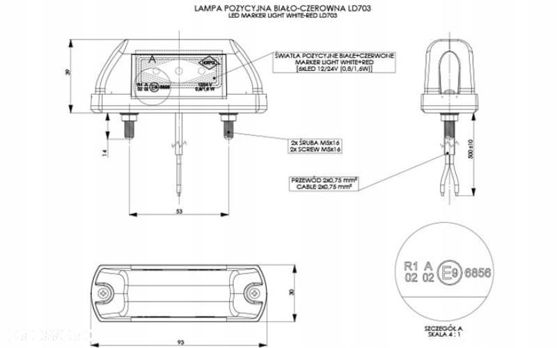 lampa obrysowa led biało czerwona 12/24v uniwersalna kabel 0,5m - 2